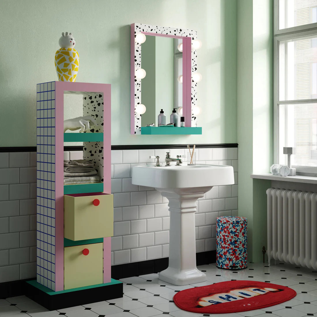 SUPERSHELF BLUE GRID bathroom cabinet white with pink and yellow
