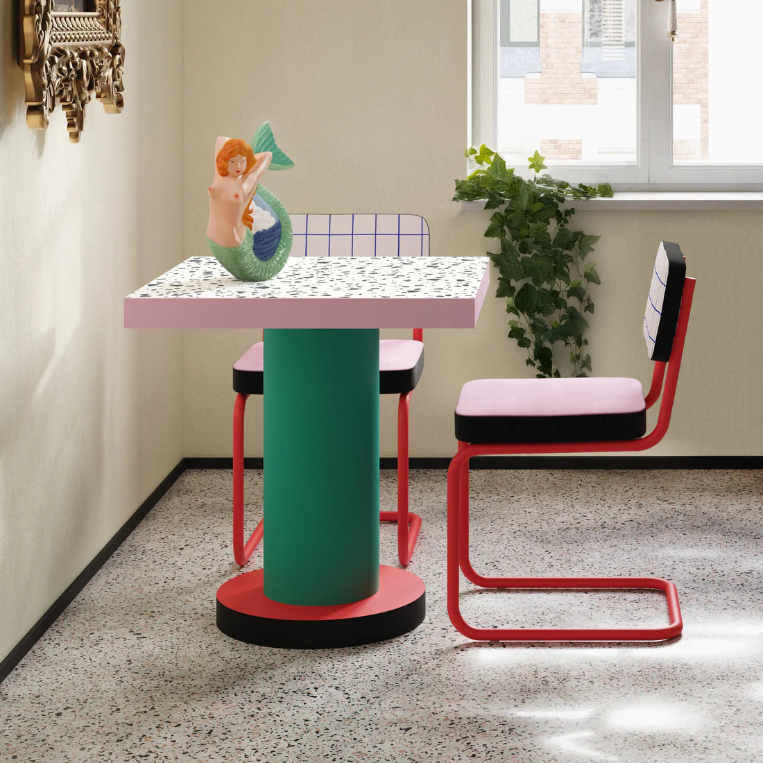 Square café table with round base SUPERLOUNGE TABLE RED GRID turquoise with pink