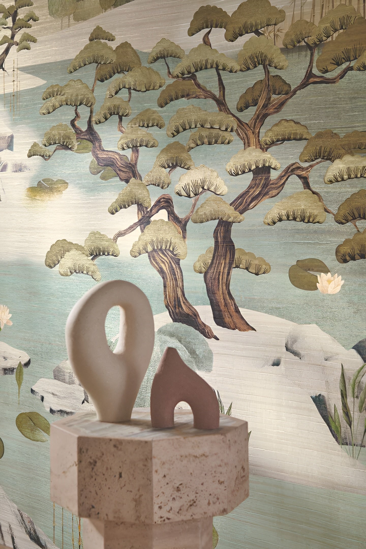 Textile mural with Japanese landscape ADACHI - SABLE OPALINE muted beige with green