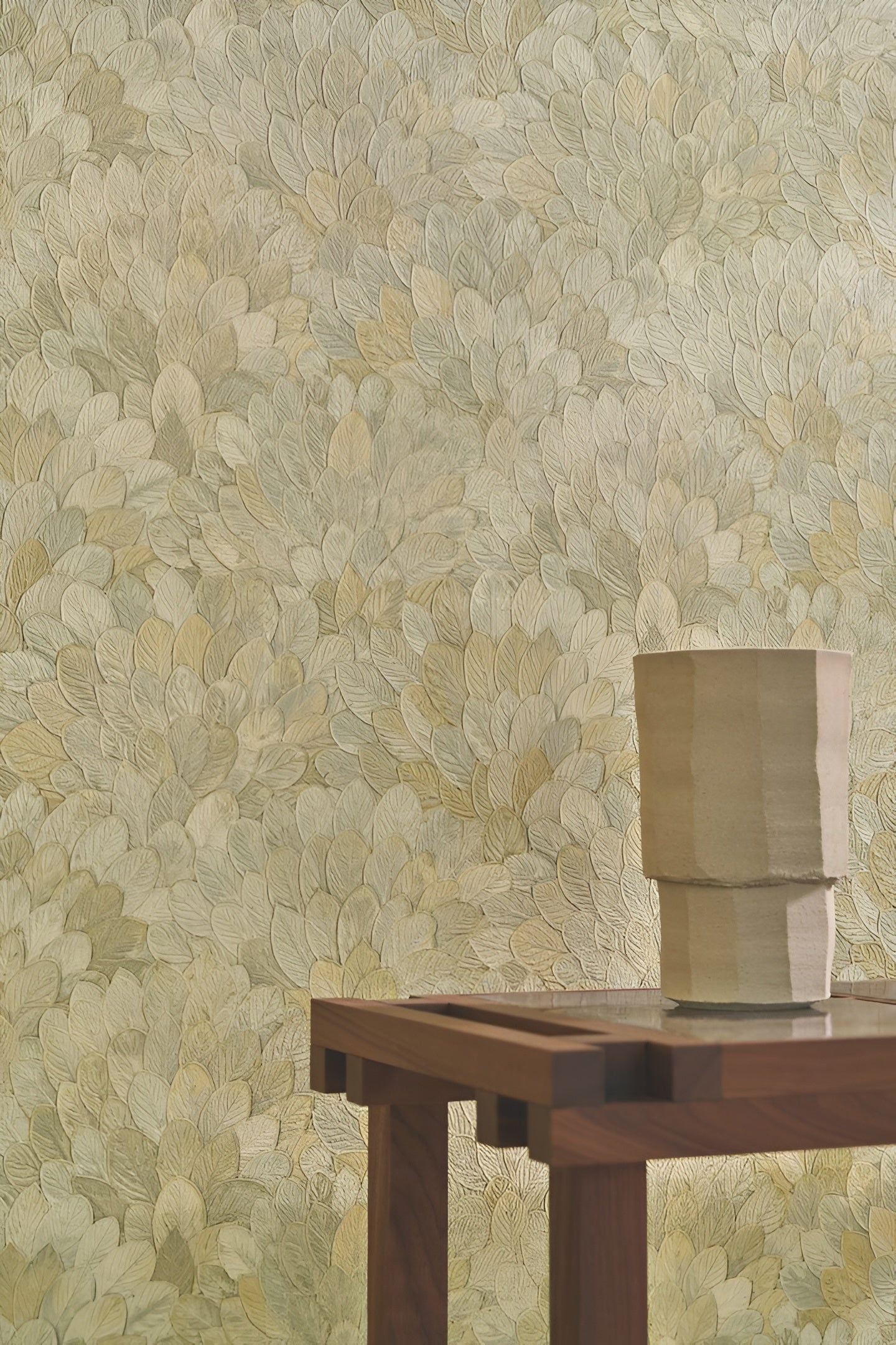 Structural vinyl wallpaper with a plant motif FEIJOA - ORAGE warm gray