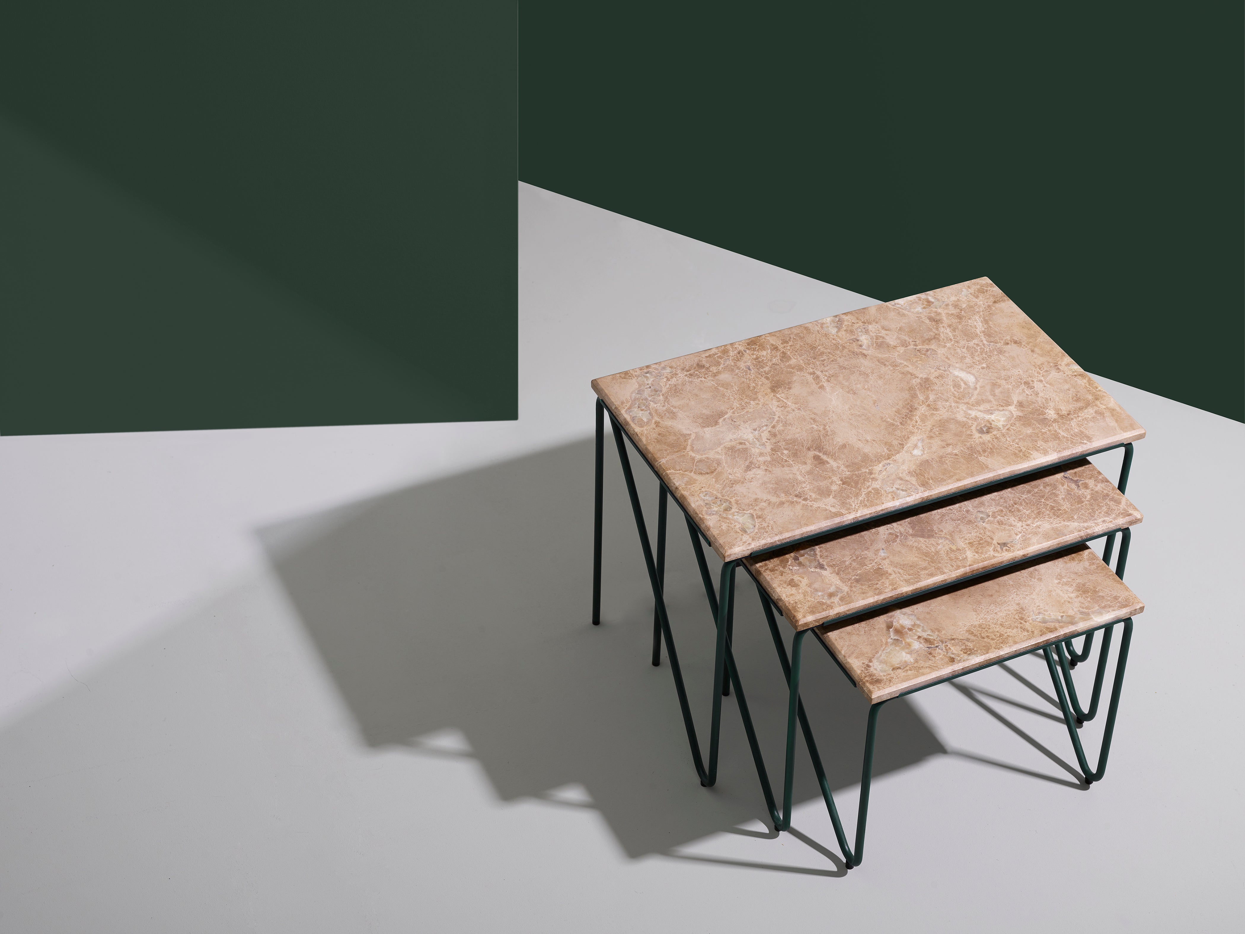 TRIPTYCH coffee table set brown marble with green base