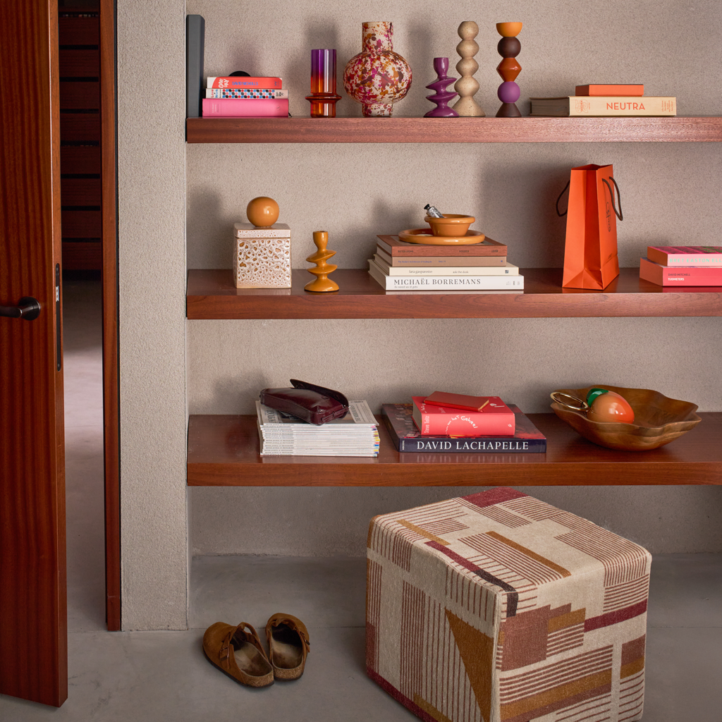 Beige pouf LILLE with orange pattern