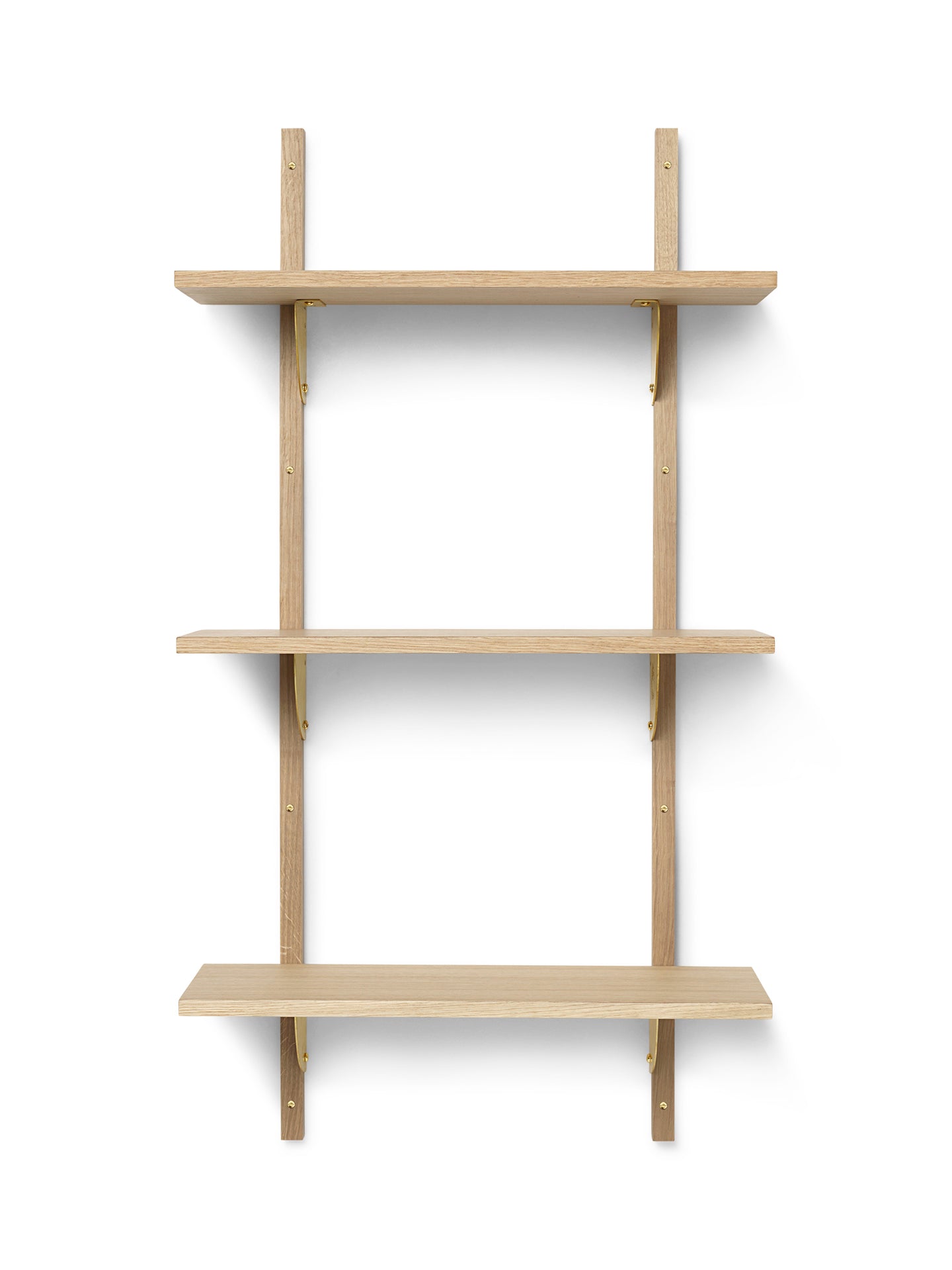 SECTOR TRIPLE NARROW shelf in oak veneer with a brass finish