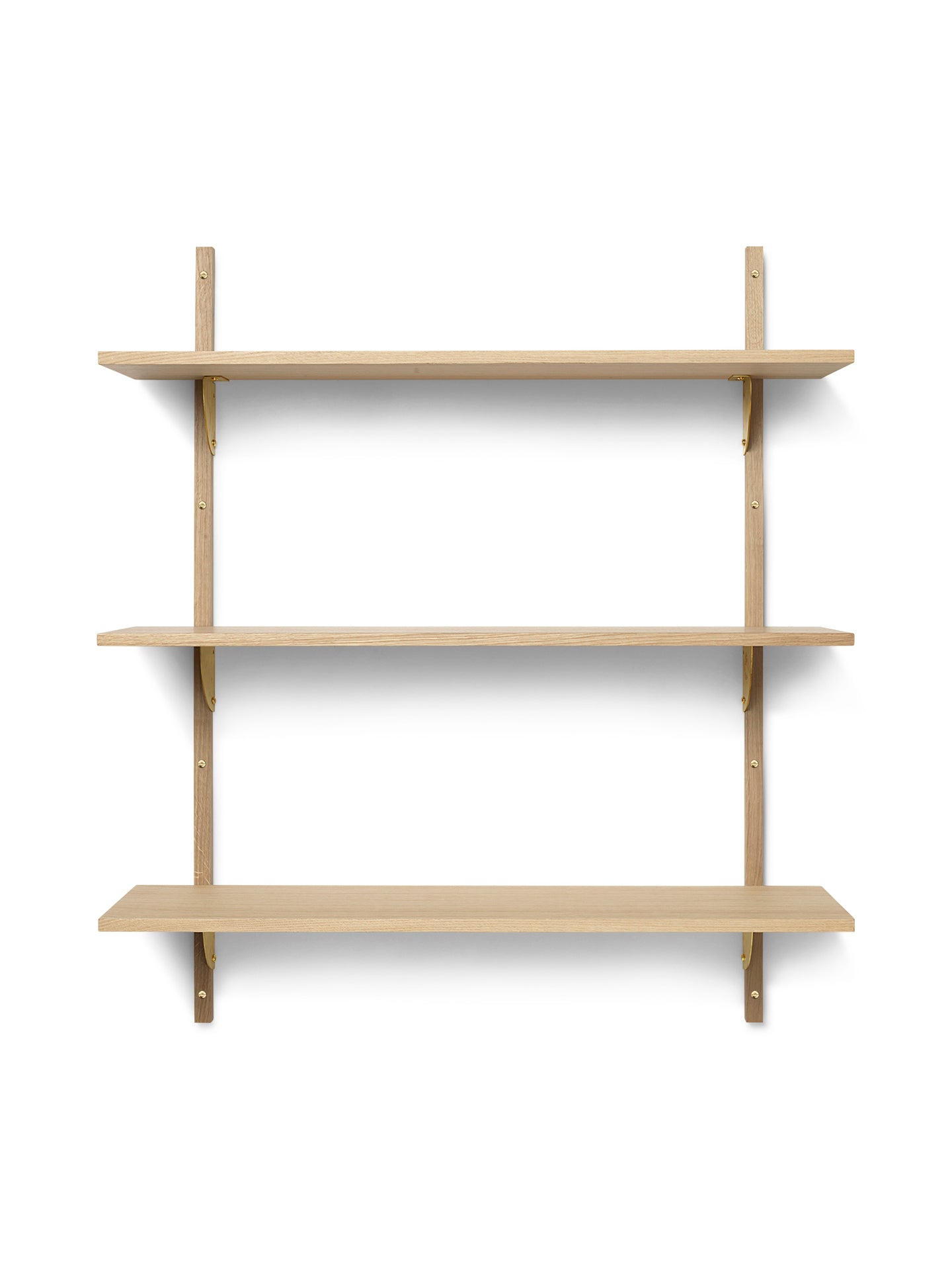 SECTOR TRIPLE WIDE shelf in oak veneer with a brass finish
