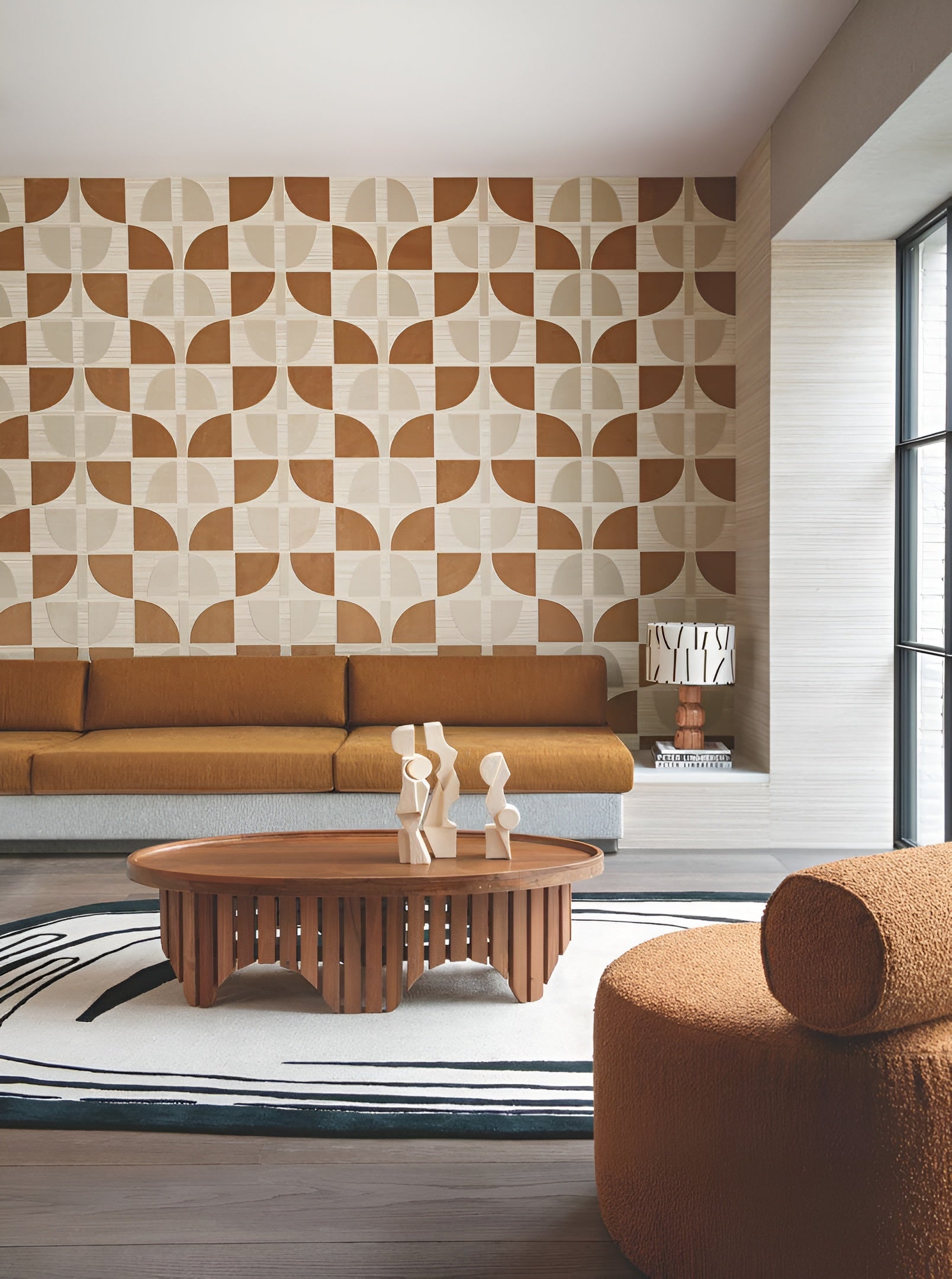 Plant fiber wallpaper with geometric pattern HIKARI - BEIGE OCRE beige with orange