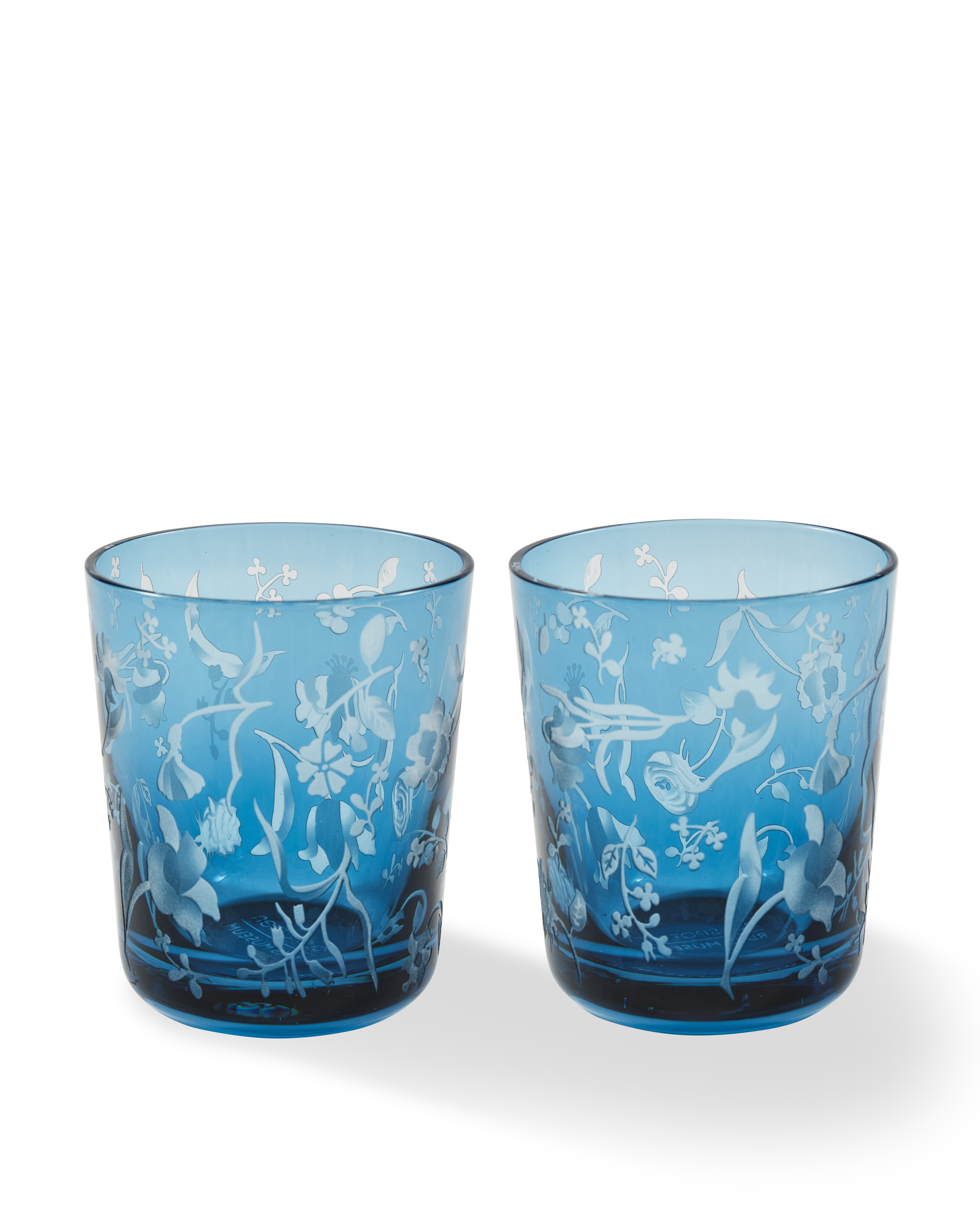 Set of Glasses SCATTERED FLOWERS Blue with Sandblasted Pattern