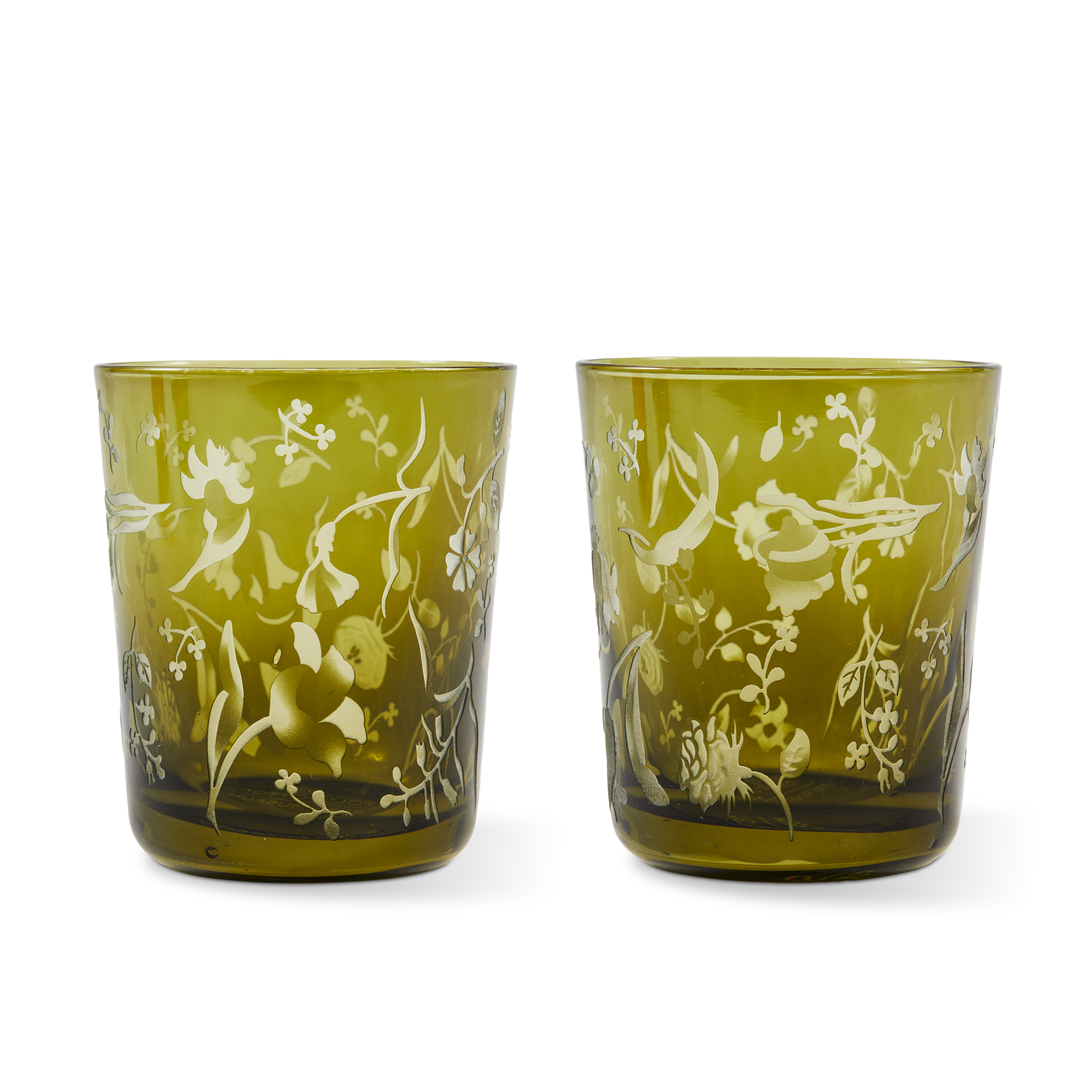SCATTERED FLOWERS Olive Glasses Set with Sandblasted Pattern