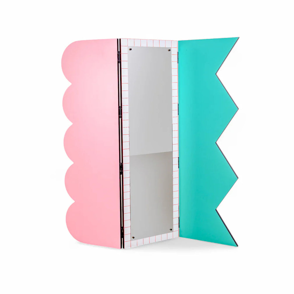 SUPERSCREEN RED GRID Pink Room Divider with Mirror in Turquoise