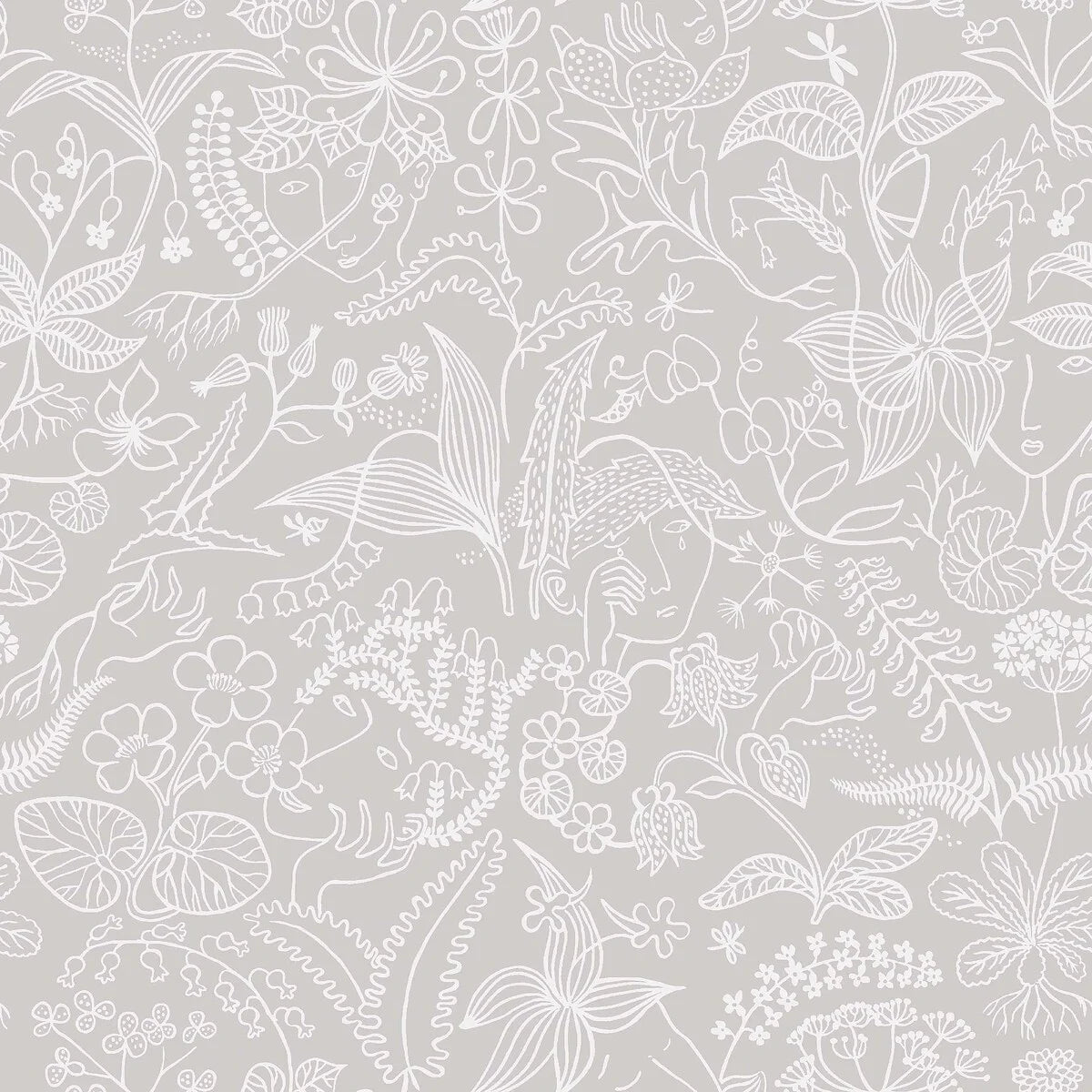 GRAZIA Gray Floral and Leaf Pattern Wallpaper with White