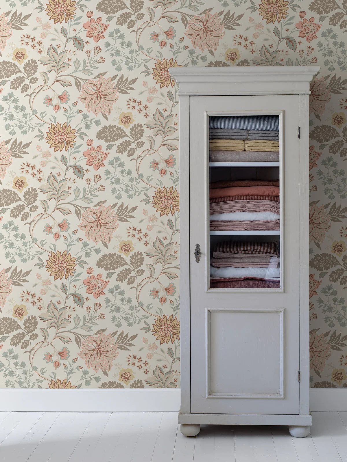 Non-woven paper wallpaper with a floral pattern ALICIA beige with green and pink