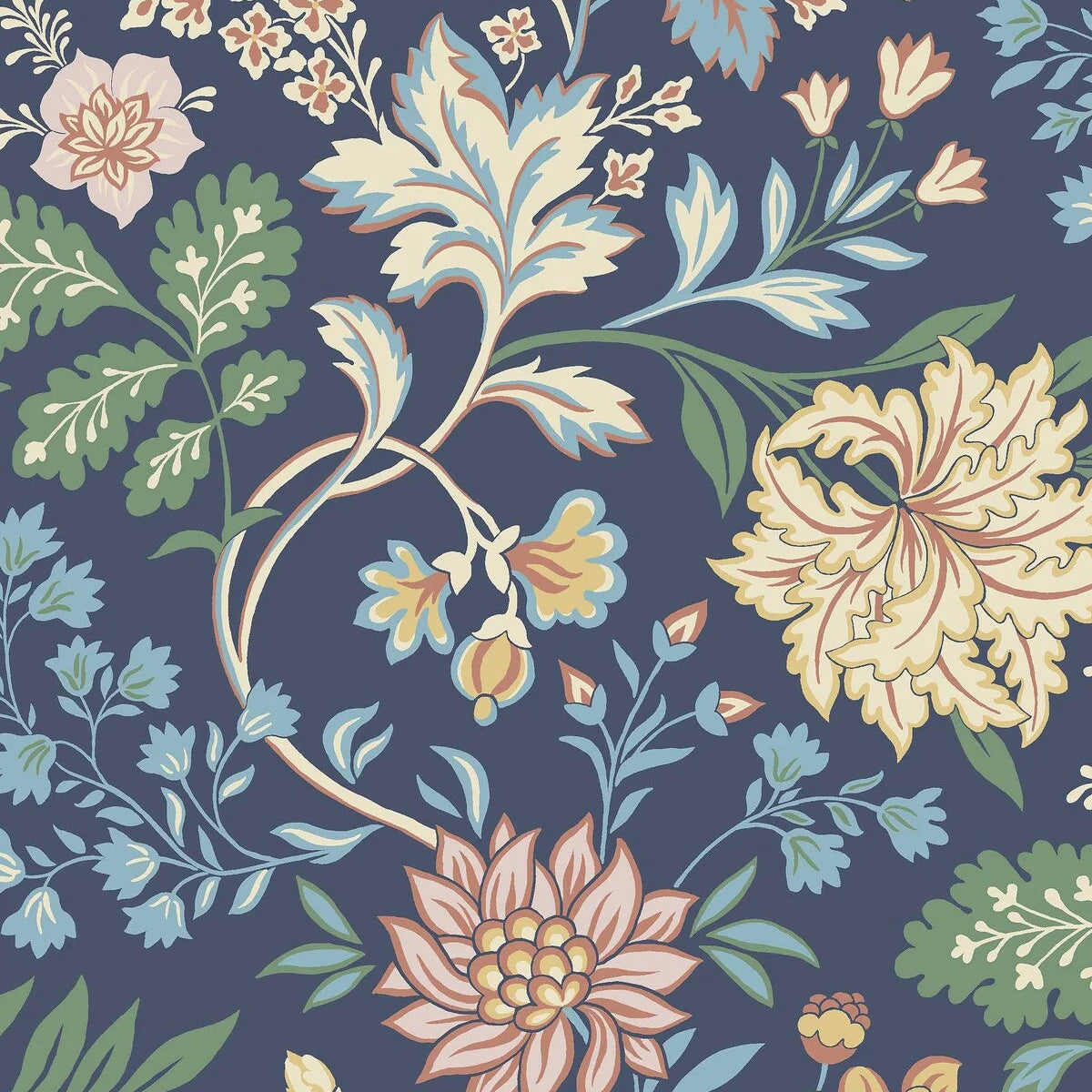 Non-woven paper wallpaper with a plant pattern ALICIA dark blue with yellow