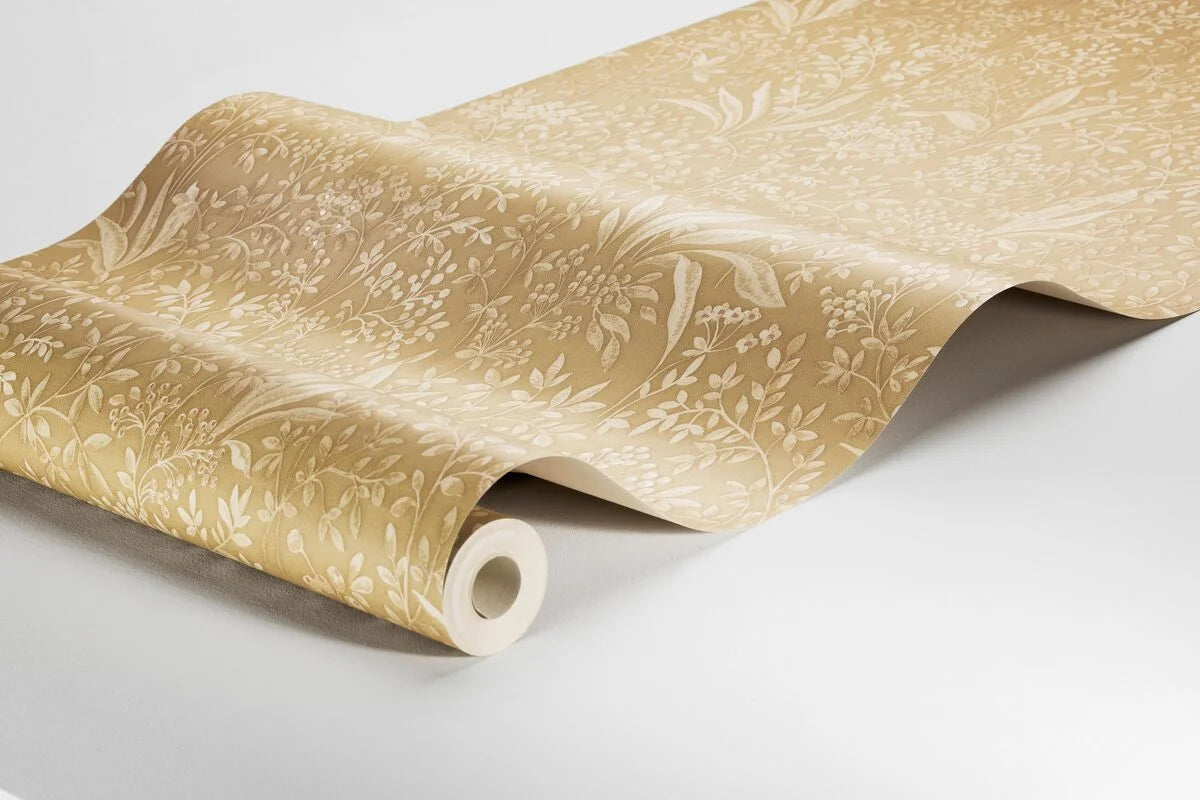 Non-woven paper wallpaper with a plant pattern NOCTURNE gold with beige