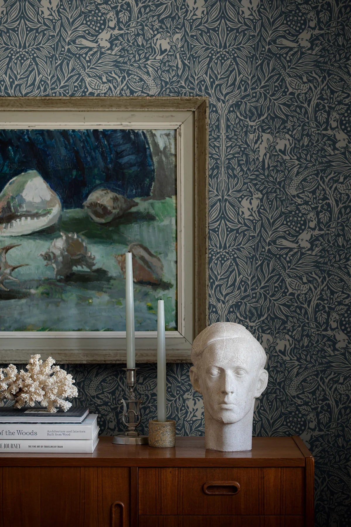 Wallpaper with a botanical pattern and forest theme UNDER THE ELDER TREE navy blue with white