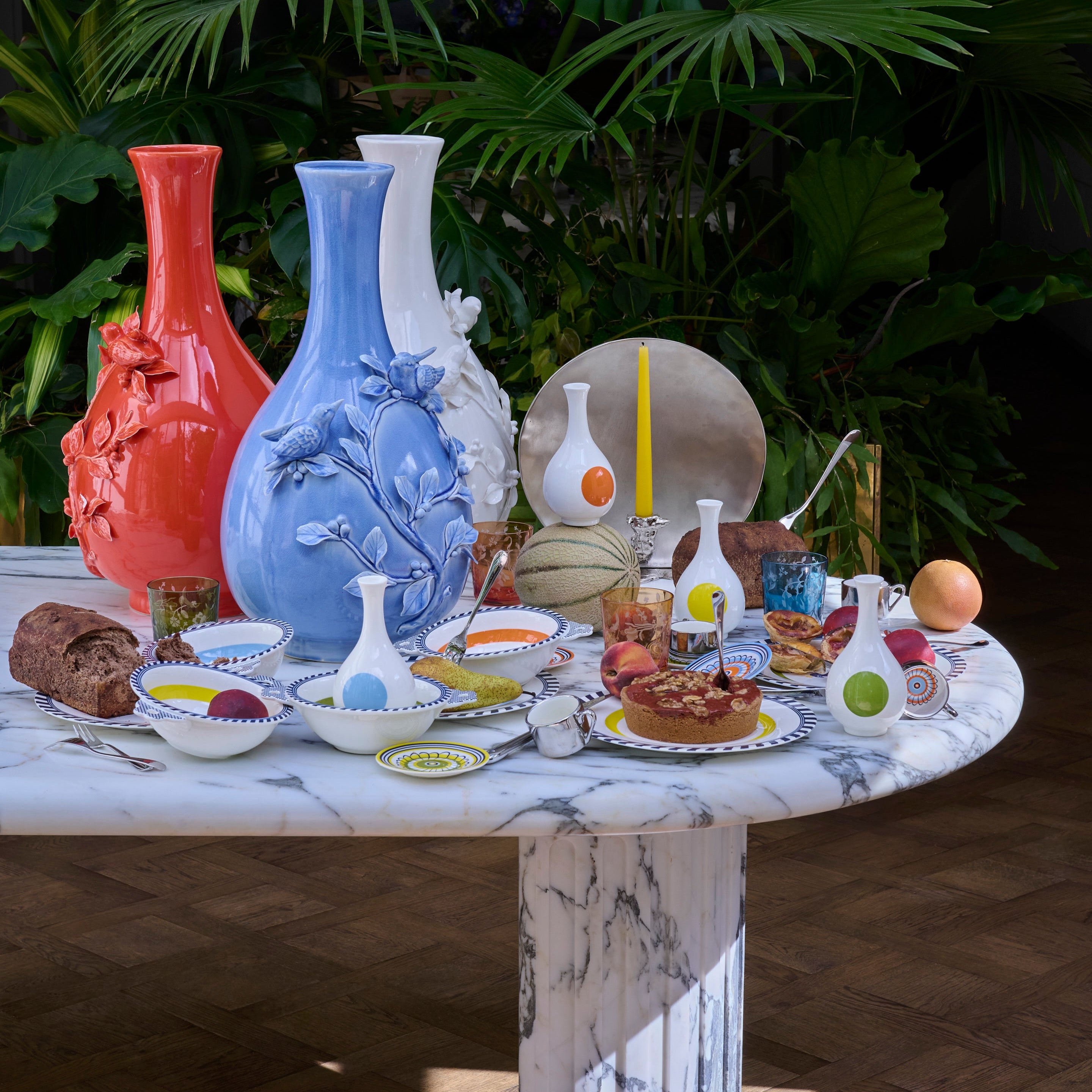 BIRD bowl white with olive and blue