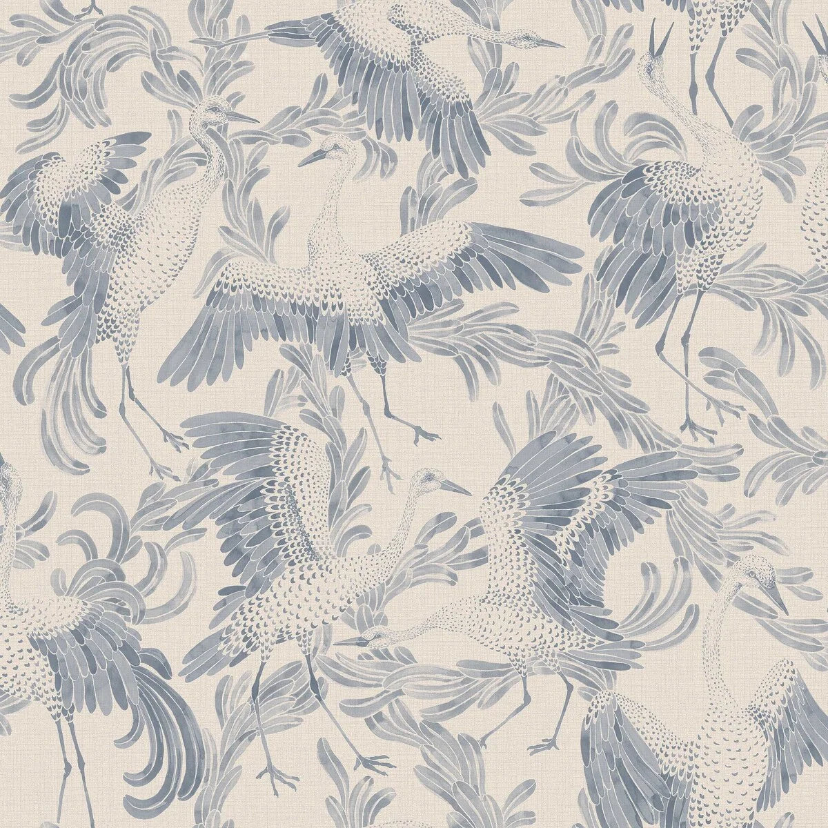 DANCING CRANE Cream Wallpaper with Bird Animal Motif in Blue