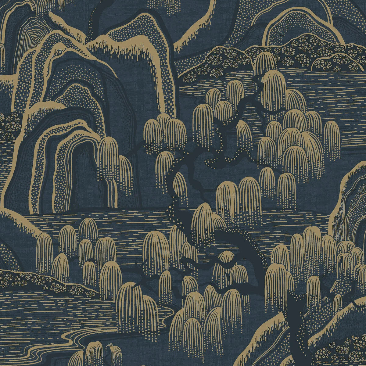 Non-woven paper wallpaper with INDIGO GARDEN landscape in navy blue with gold