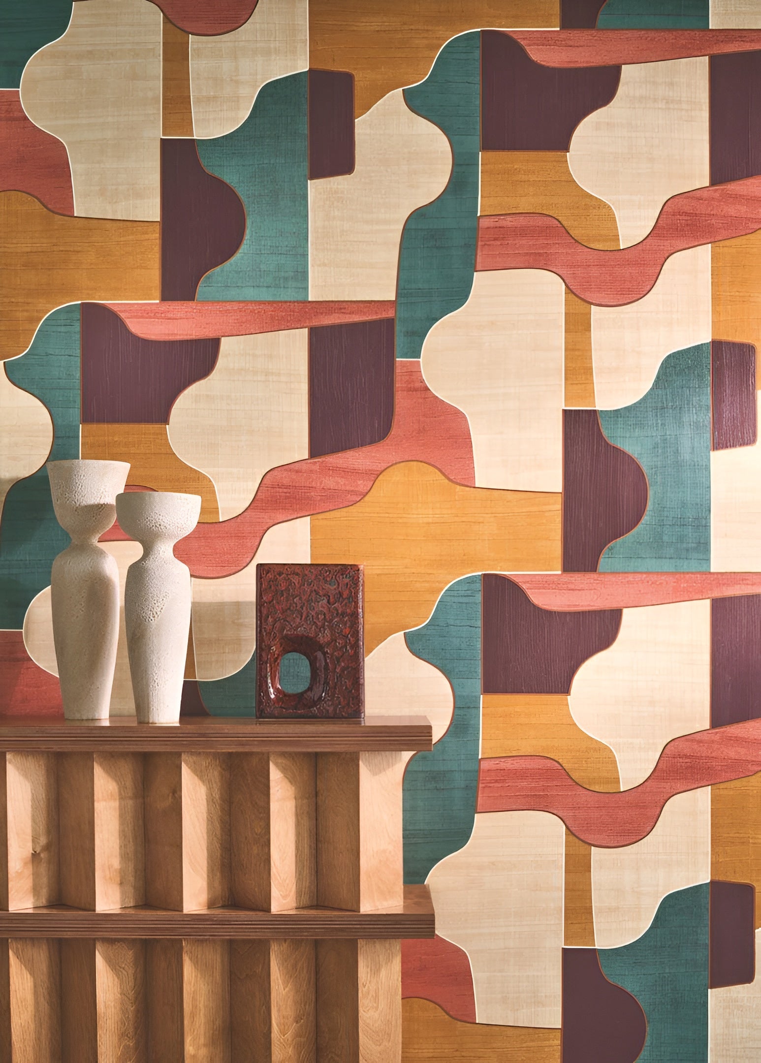 Wallpaper with geometric pattern MODERNISM - BLUSH/VANILLA orange