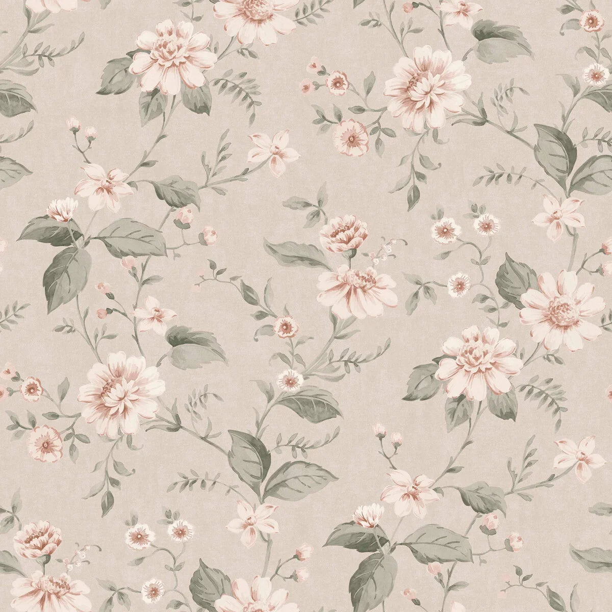 Non-woven paper wallpaper with a floral pattern LAURA’S COTTAGE beige with powder pink