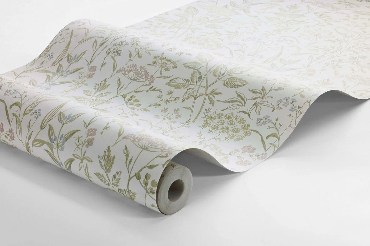 Non-woven paper wallpaper with a plant pattern EMIL cream with light green