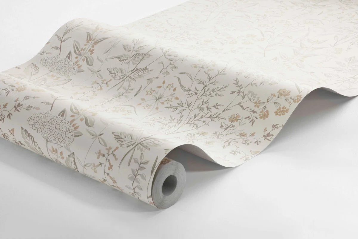 Non-woven paper wallpaper with a plant pattern EMIL cream with green