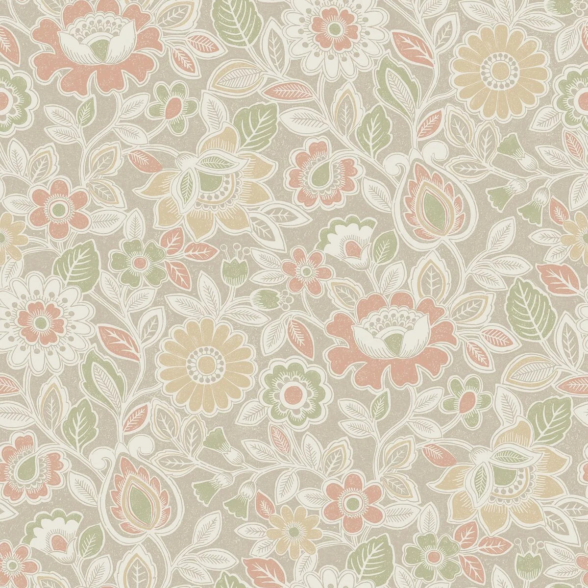Non-woven paper wallpaper with a green floral pattern SONJA with beige