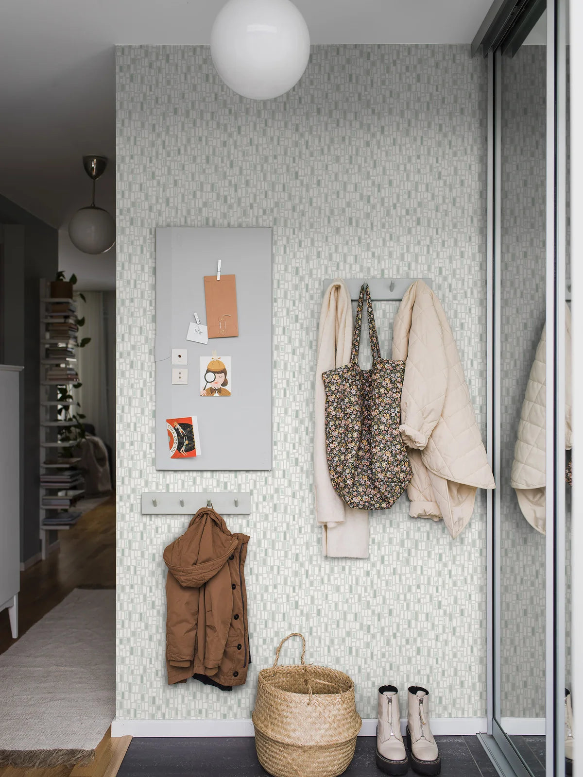 Paper non-woven wallpaper with a green and white geometric pattern ELVIS