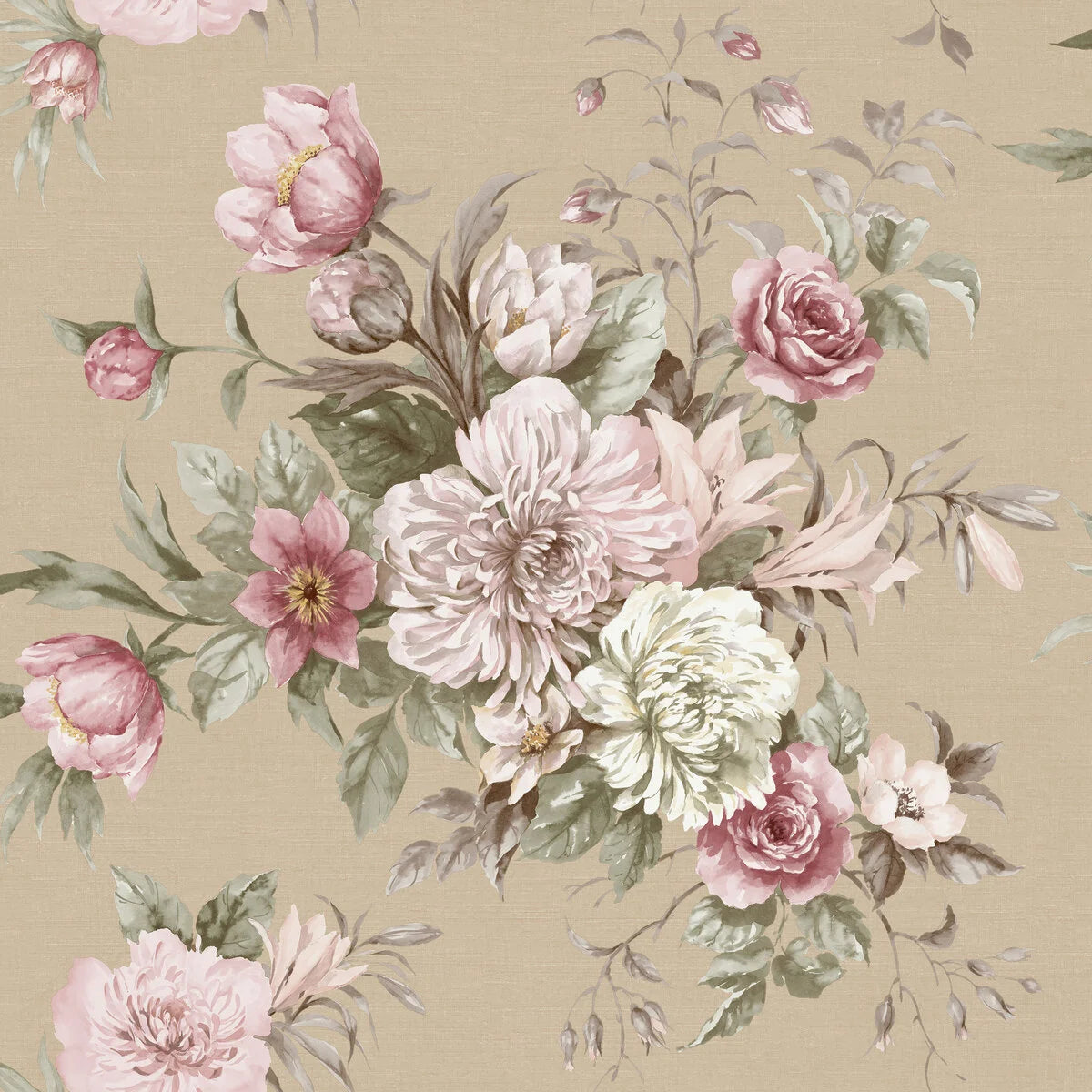 Non-woven paper wallpaper with a floral pattern FLORAL CHARM dark beige with pink and white