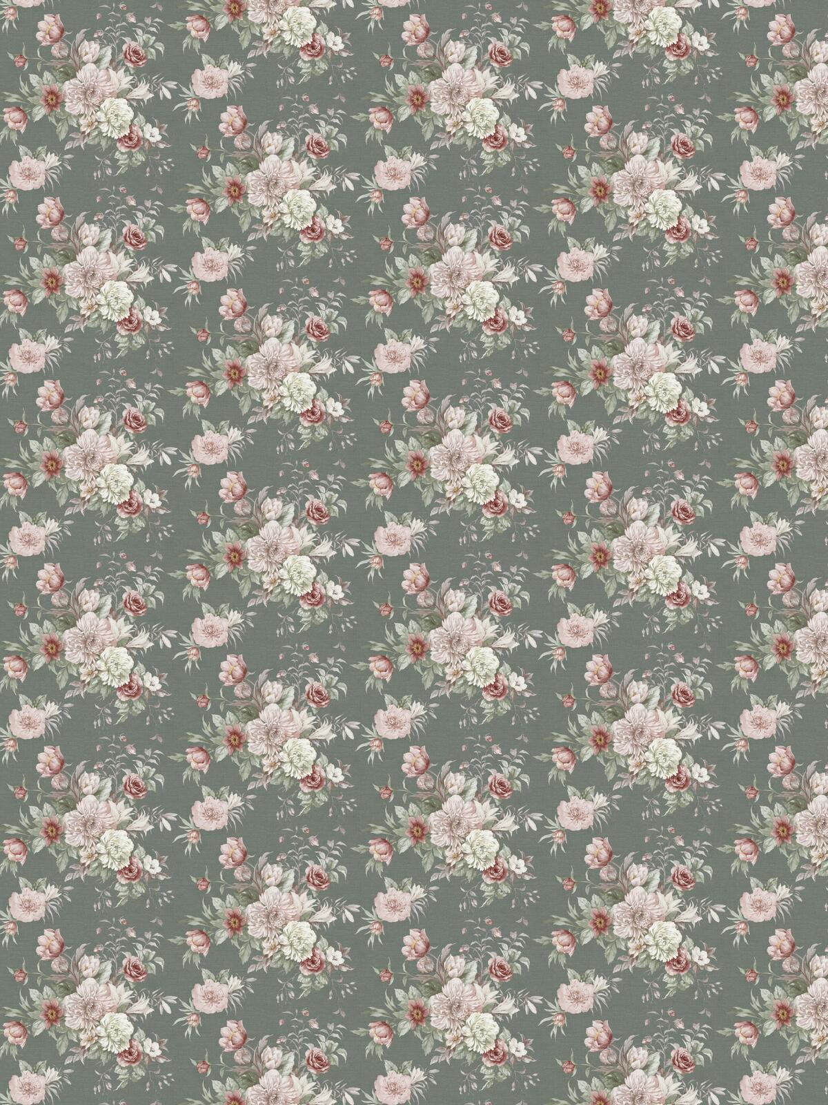 Non-woven paper wallpaper with a floral pattern FLORAL CHARM dark green with pink