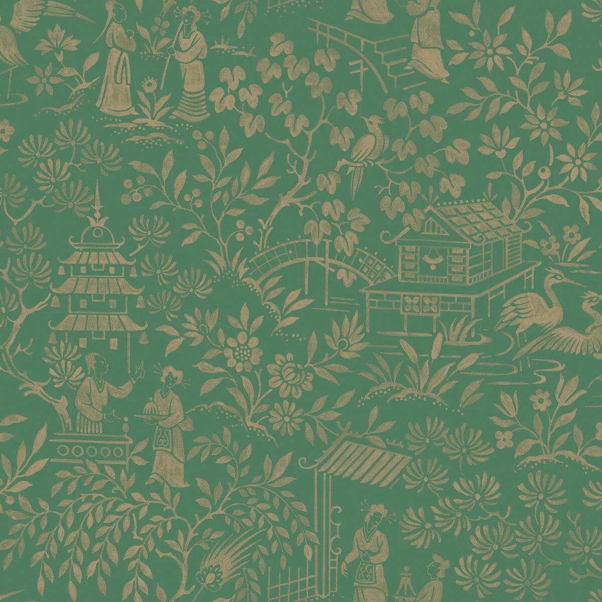 Non-woven paper wallpaper with a botanical pattern ORIENTAL GARDEN green with gold