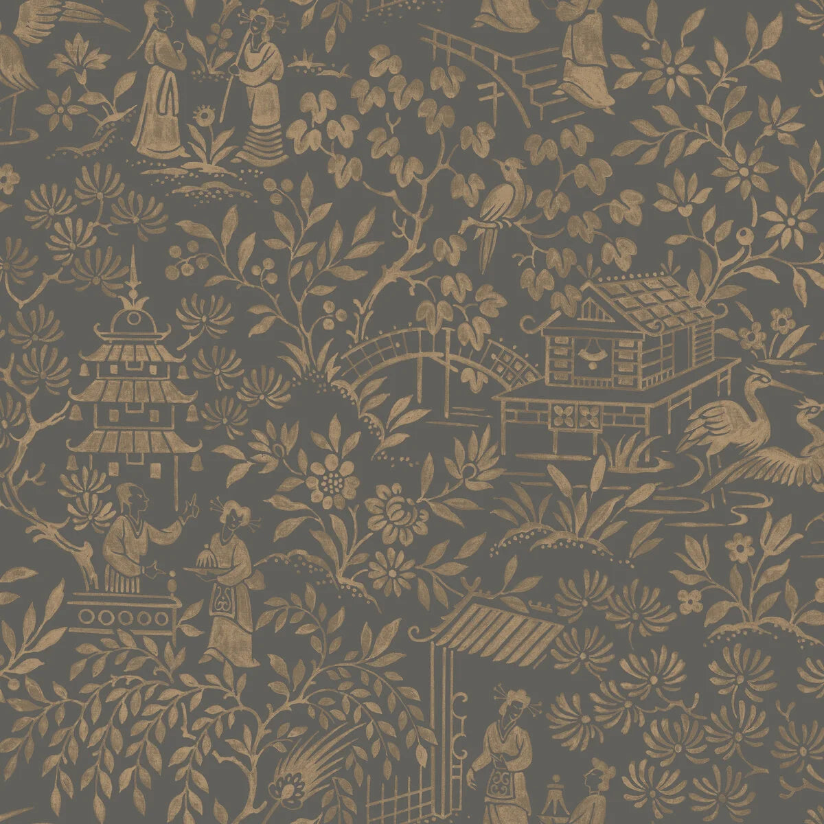 Non-woven paper wallpaper with an oriental motif ORIENTAL GARDEN brown with gold