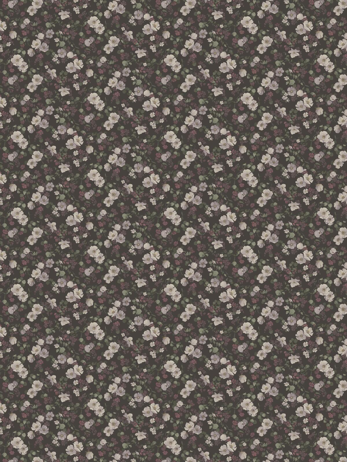 Non-woven paper wallpaper with an enchanting flower pattern in muted brown and white