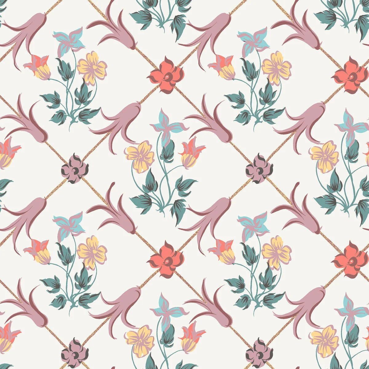 Non-woven paper wallpaper with a botanical pattern TESSIN white with lavender and green