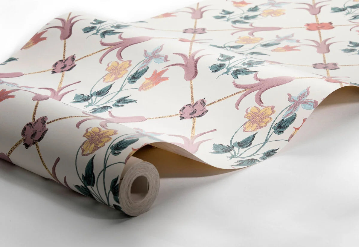 Non-woven paper wallpaper with a botanical pattern TESSIN white with lavender and green