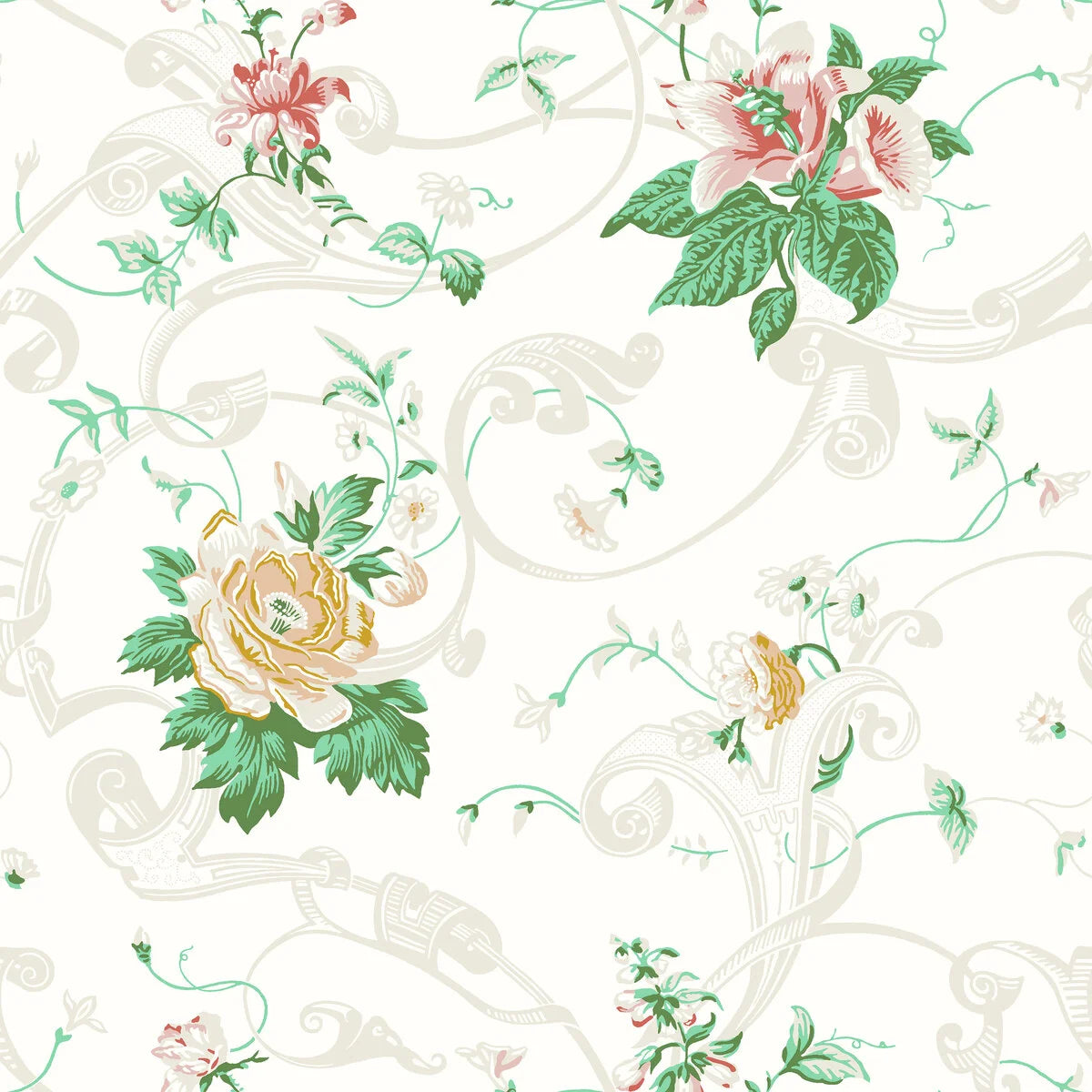 Non-woven paper wallpaper with a botanical pattern KRUSENBERG warm white with green