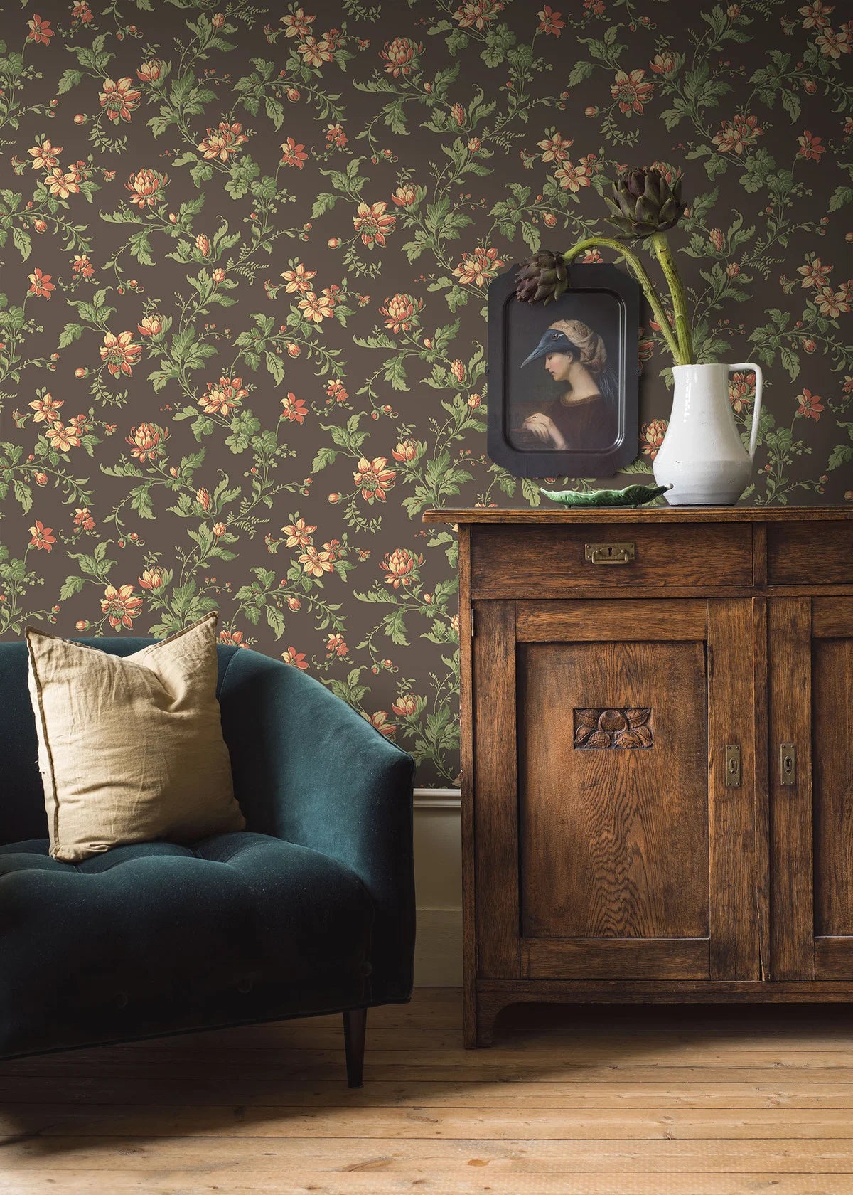 Non-woven paper wallpaper with a floral pattern BLOMSLINGA brown