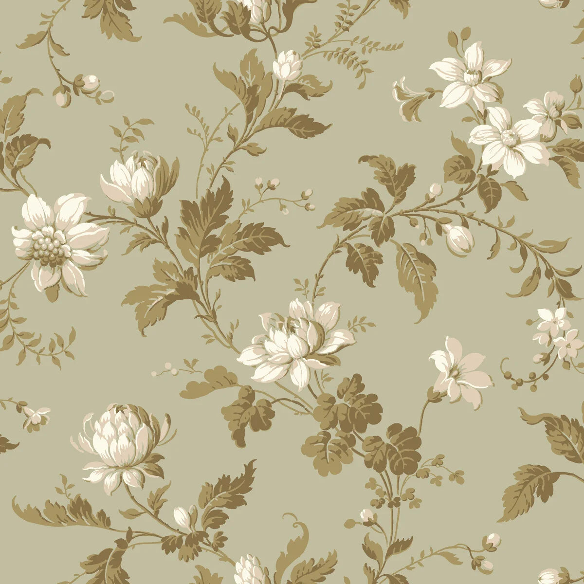 Non-woven paper wallpaper with a floral pattern BLOMSLINGA green with white