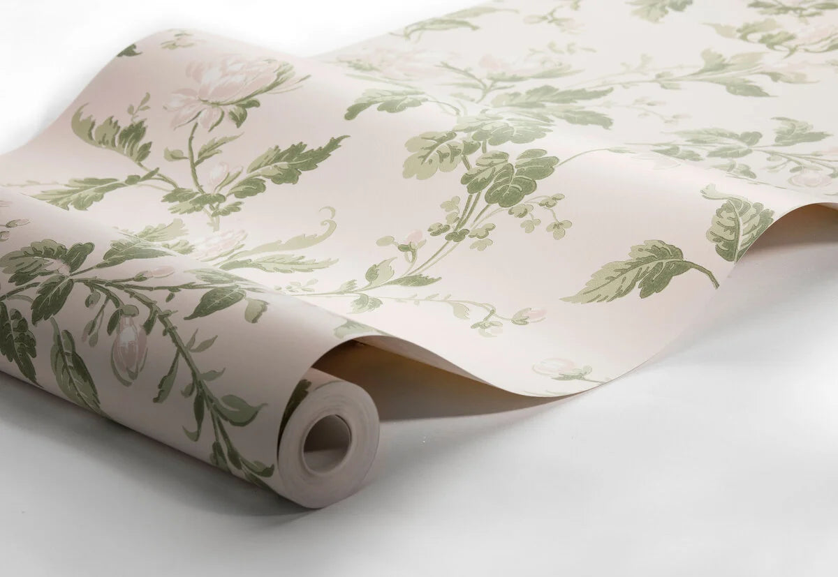 Non-woven paper wallpaper with a floral pattern BLOMSLINGA pink with green