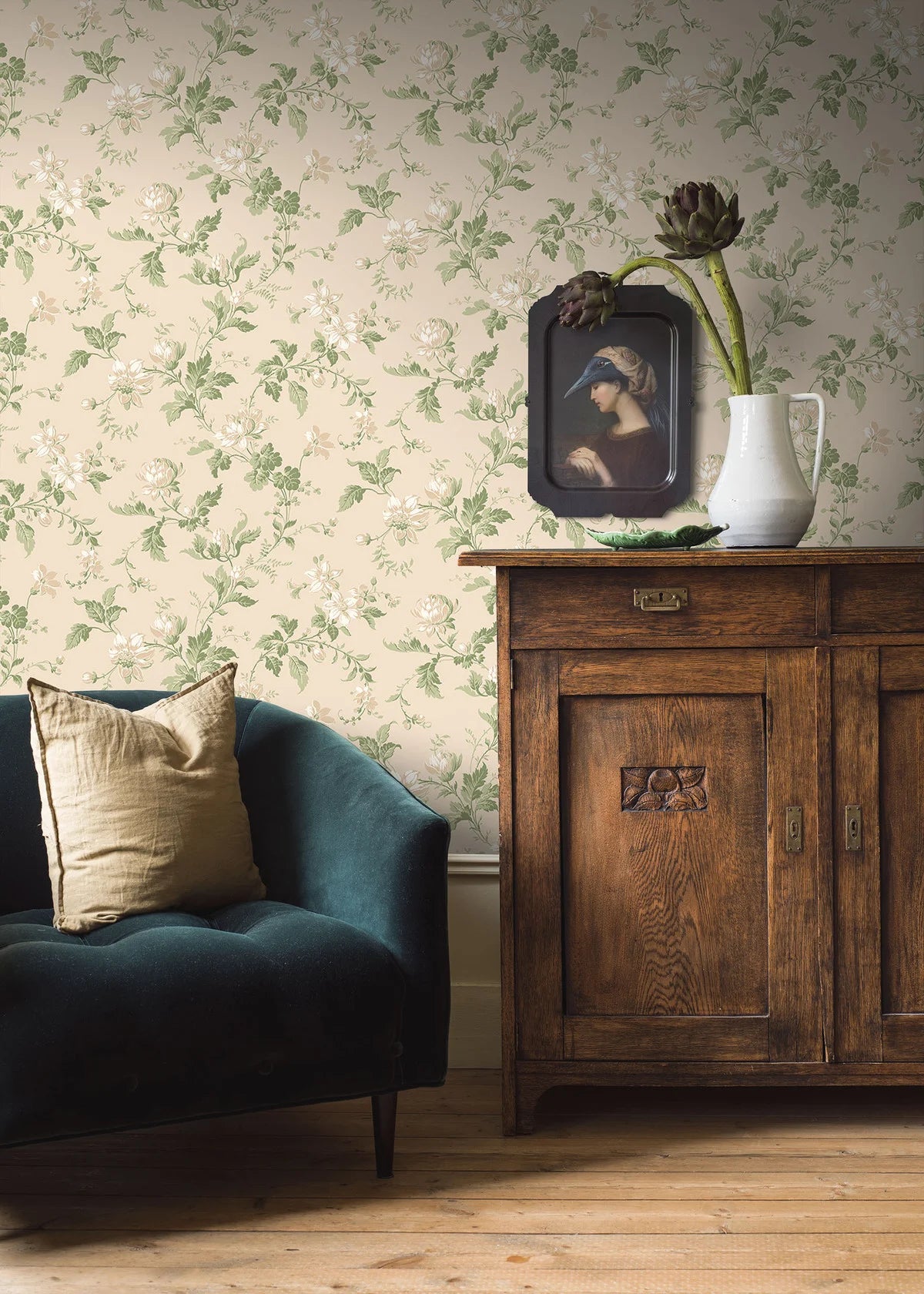 Non-woven paper wallpaper with a floral pattern BLOMSLINGA pink with green