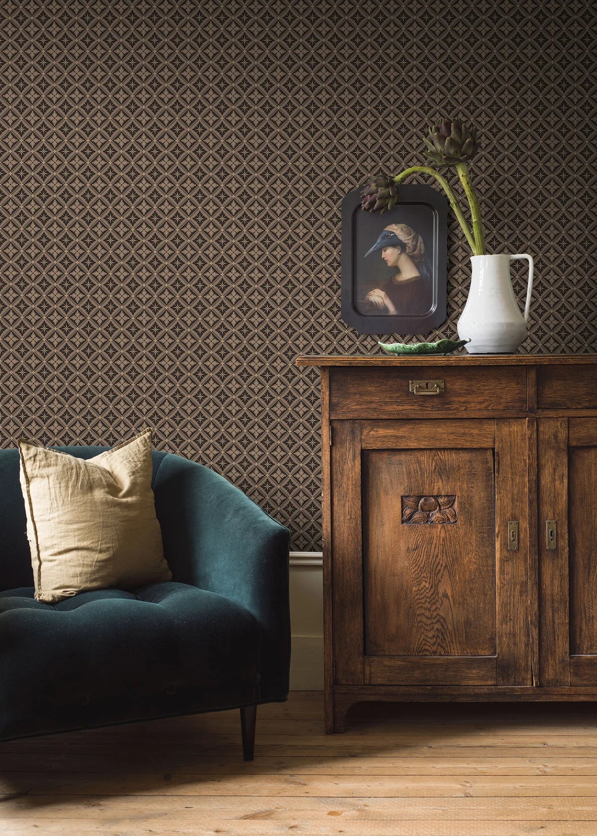 Non-woven paper wallpaper with geometric pattern LOKA brown with black
