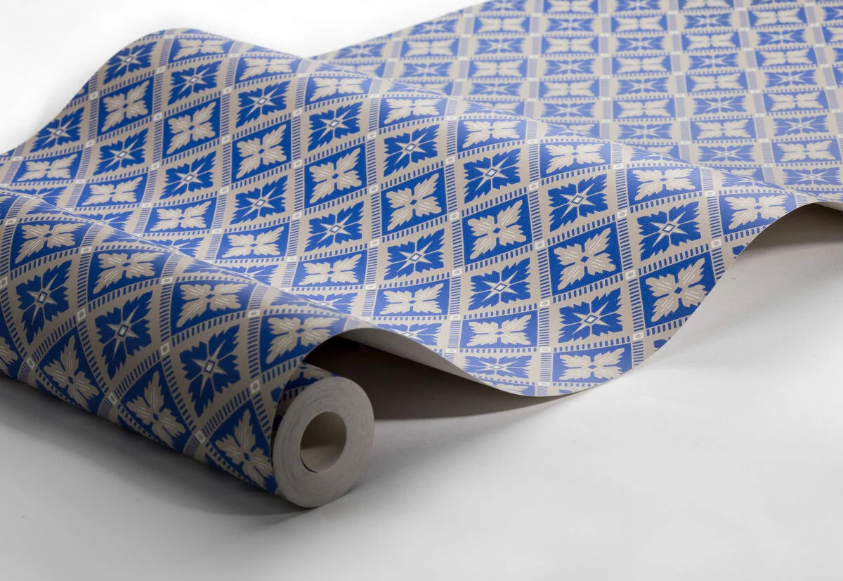 Non-woven paper wallpaper with geometric pattern LOKA blue with beige