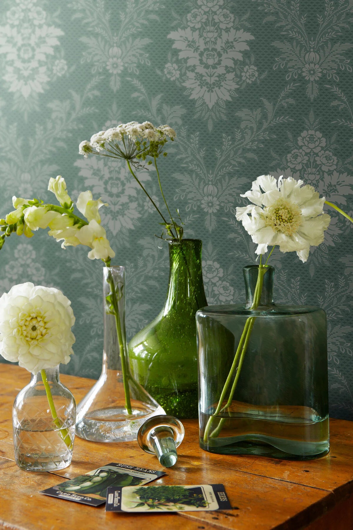 Non-woven paper wallpaper with a plant pattern SOFIA green with dark beige