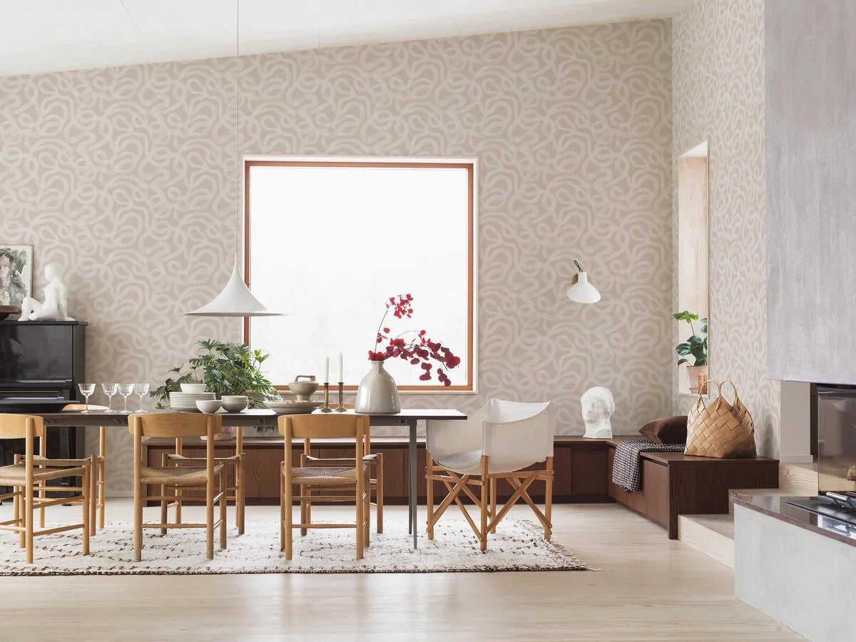 Non-woven paper wallpaper with abstract CURVE pattern in beige and white