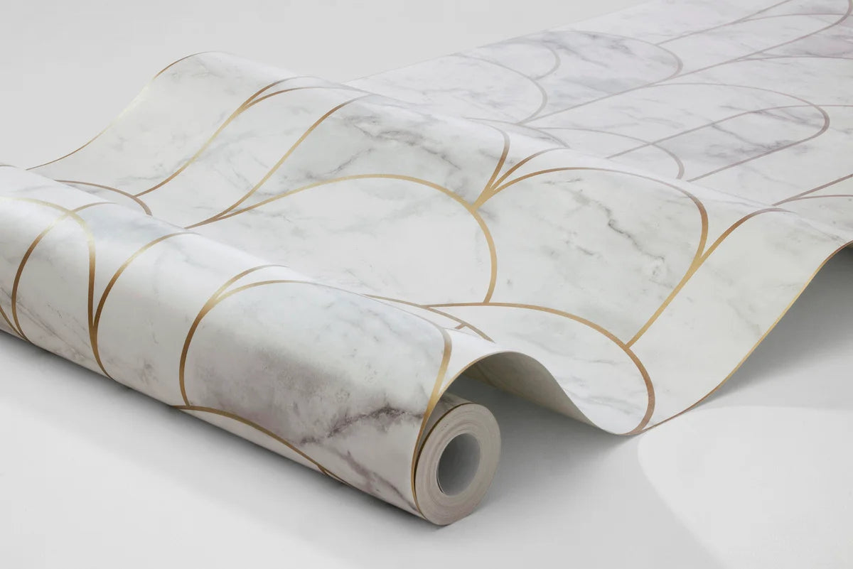 Paper non-woven wallpaper mimicking marble ARCH white with gold