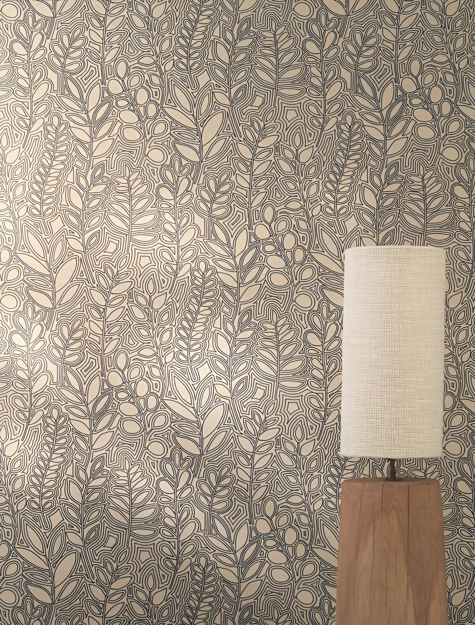 Plant-themed wallpaper with leaf design resembling embroidery ASTRAGALE - LATTE coffee brown