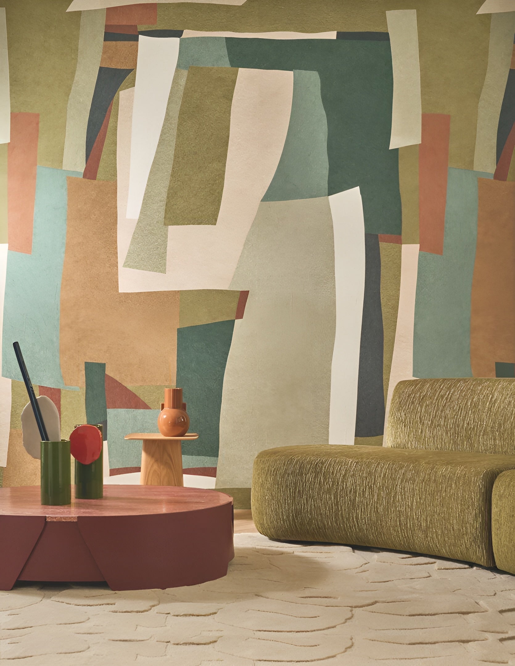 Textile mural with abstract VERNISSAGE motif - MULTICOLORE green with beige and sea blue