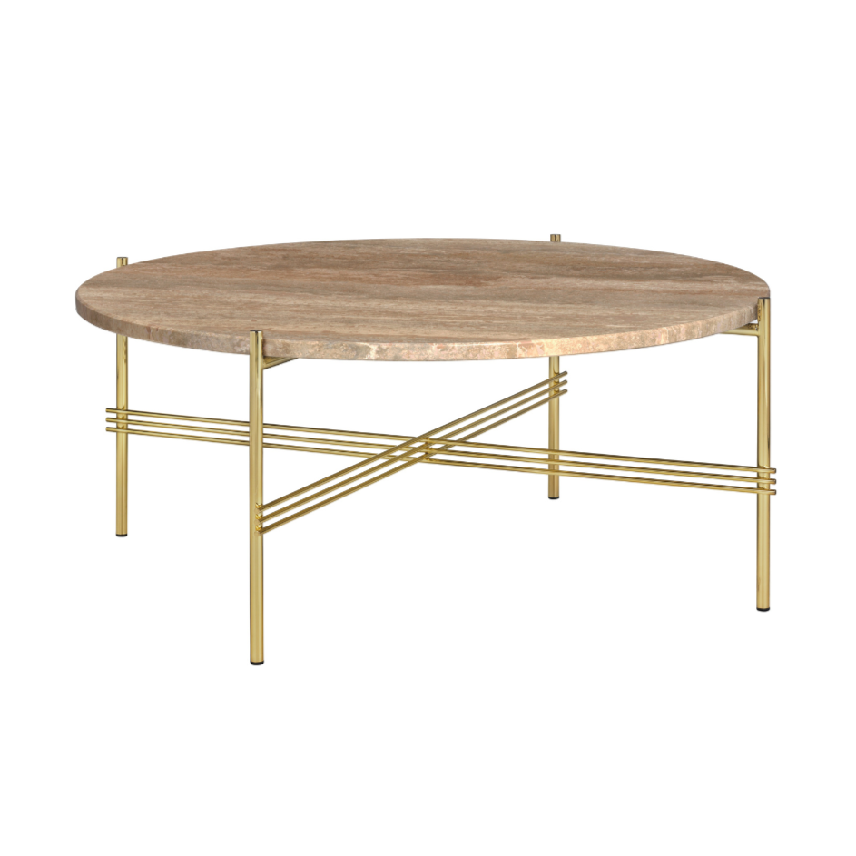 Round coffee table TS sandy travertine with a gold base