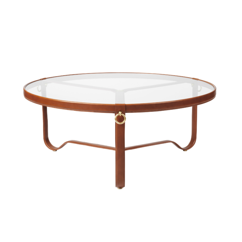 ADNET Couchtisch aus Glas und braunem Leder
