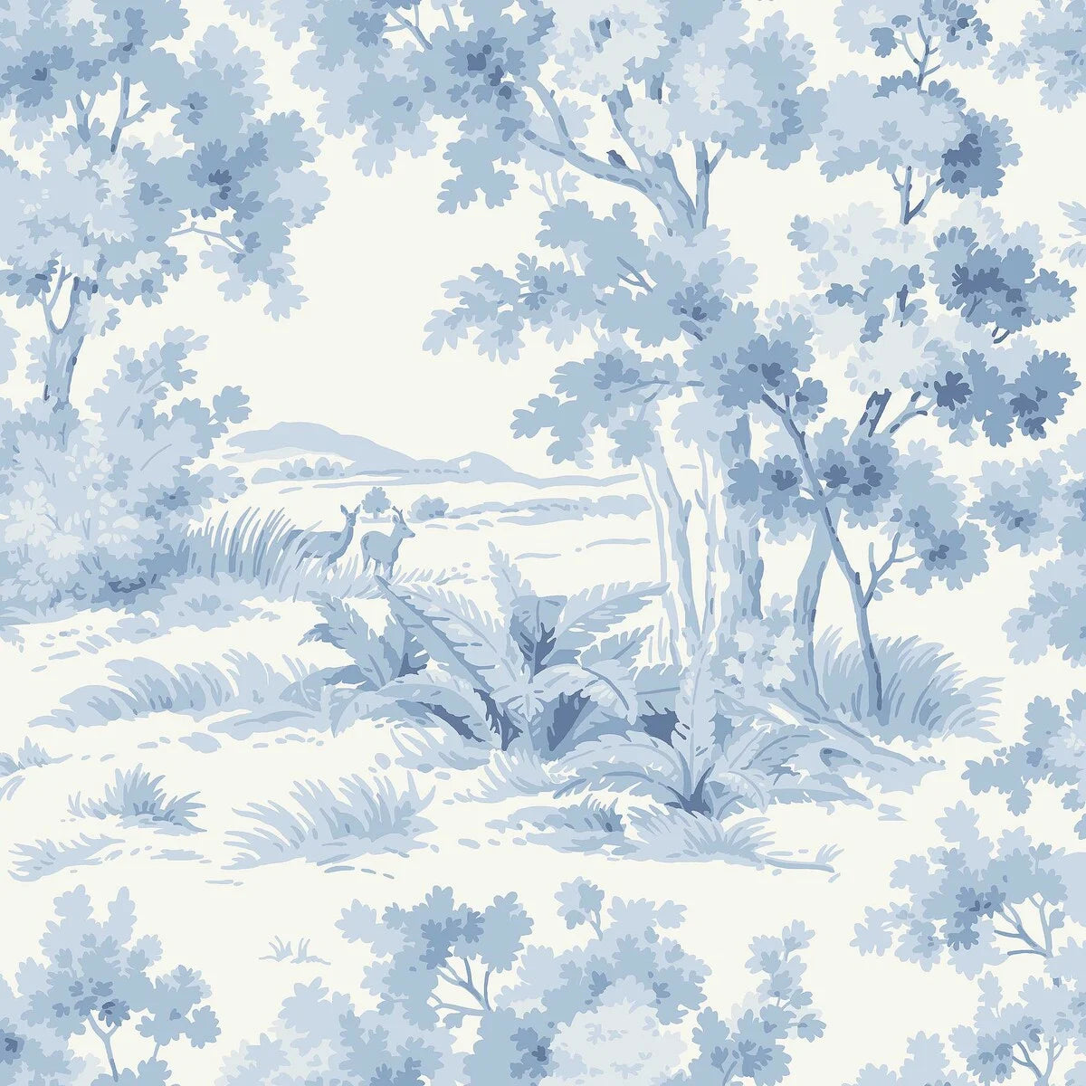 Non-woven paper wallpaper with a floral pattern COUNTRYSIDE MORNING white with blue