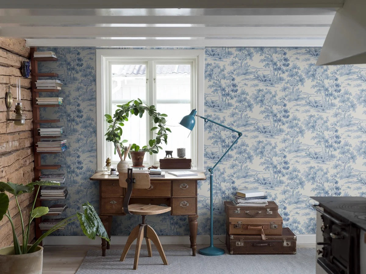 Non-woven paper wallpaper with a floral pattern COUNTRYSIDE MORNING white with blue