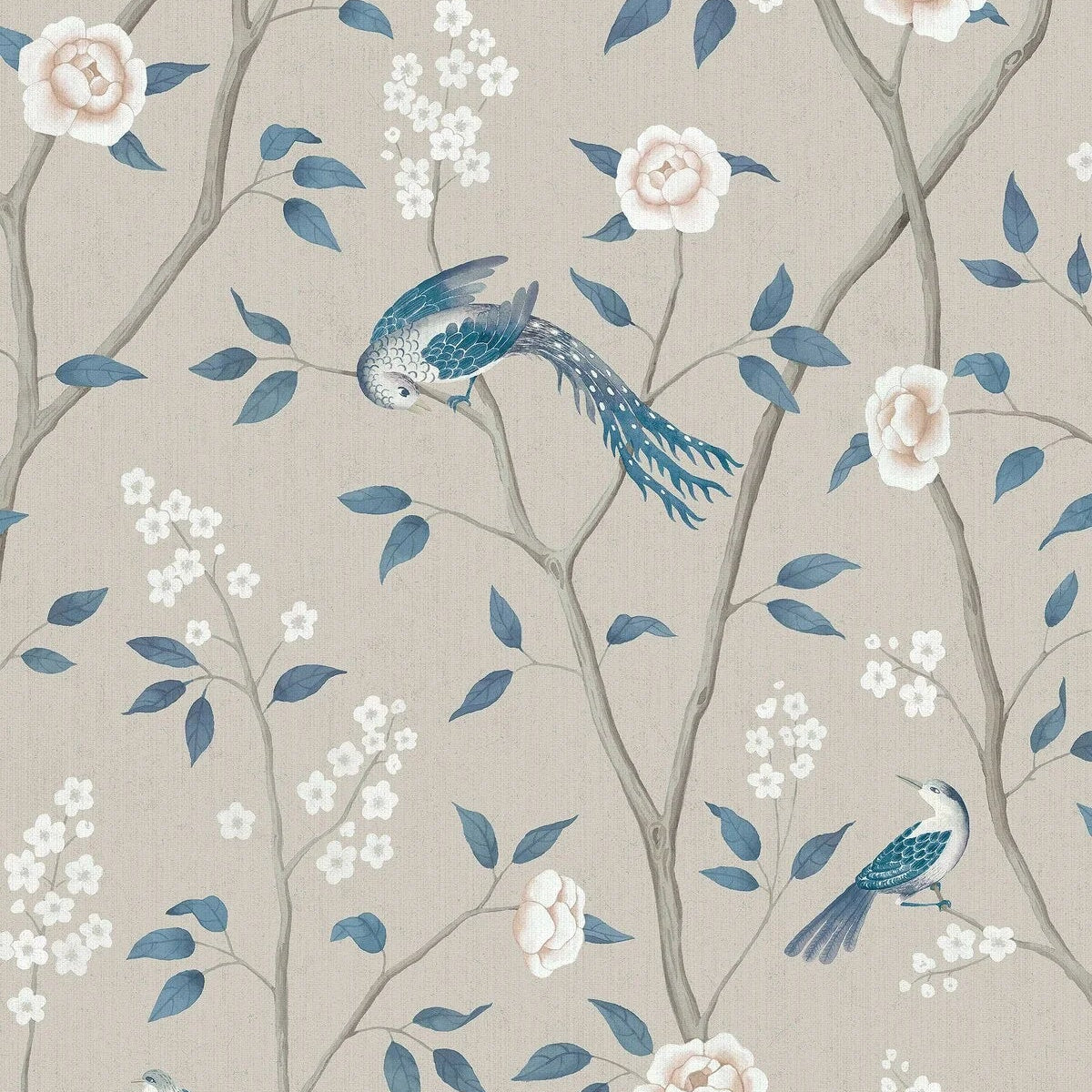 Non-woven paper wallpaper with a botanical pattern PARADISE BIRDS dark beige with blue